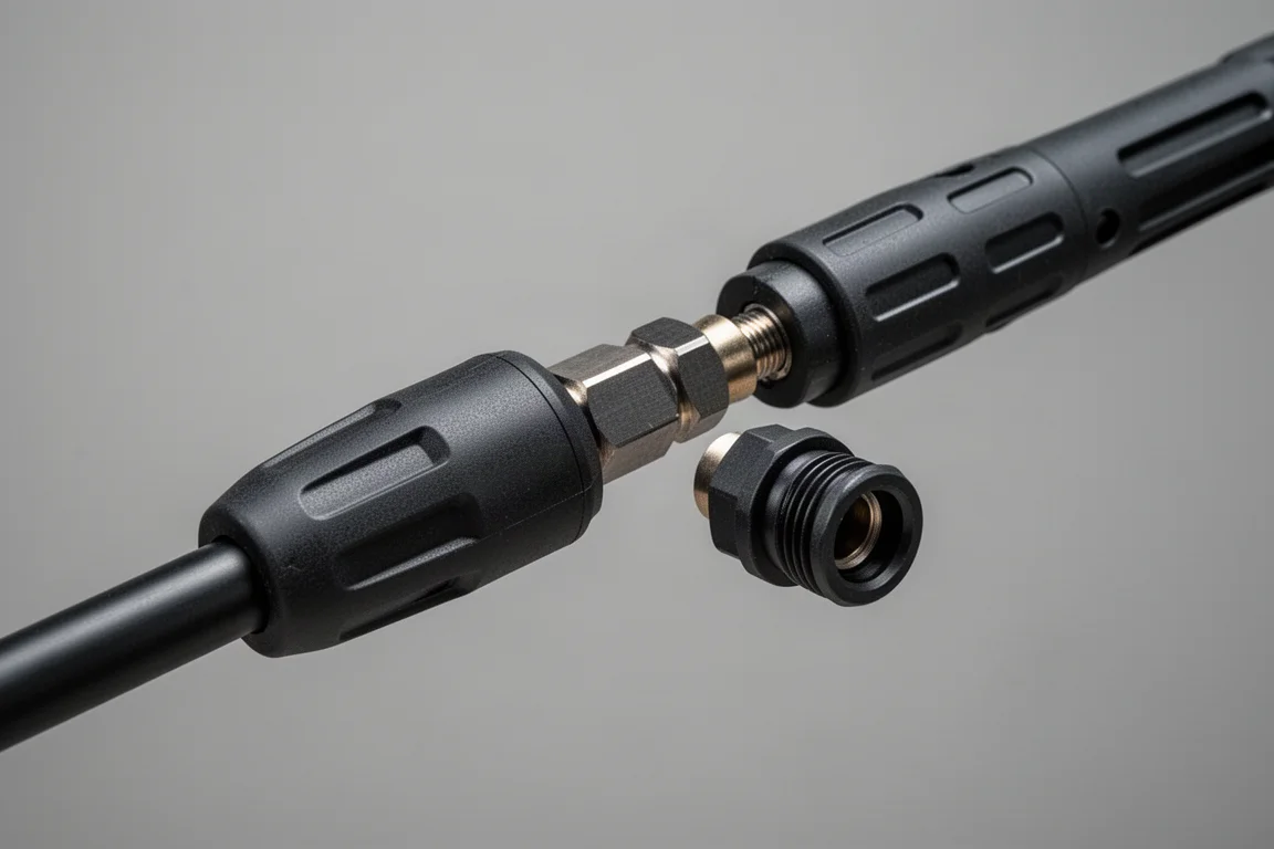Pressure washer lance extension being extended with fittings locked in place