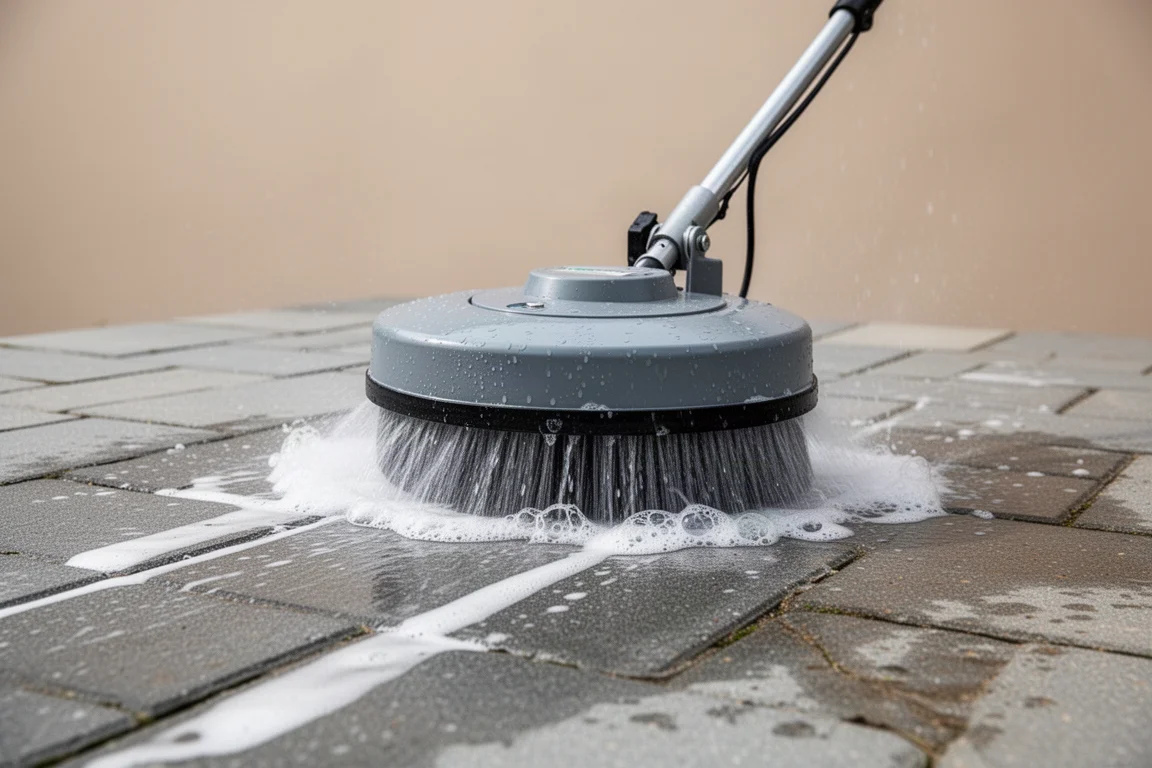 Patio being cleaned with a boxed patio cleaner attachment, water spray contained