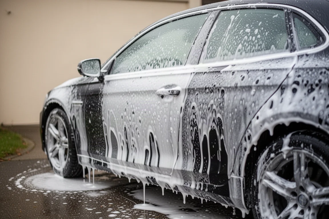 Car covered in snow foam ready to be rinsed off