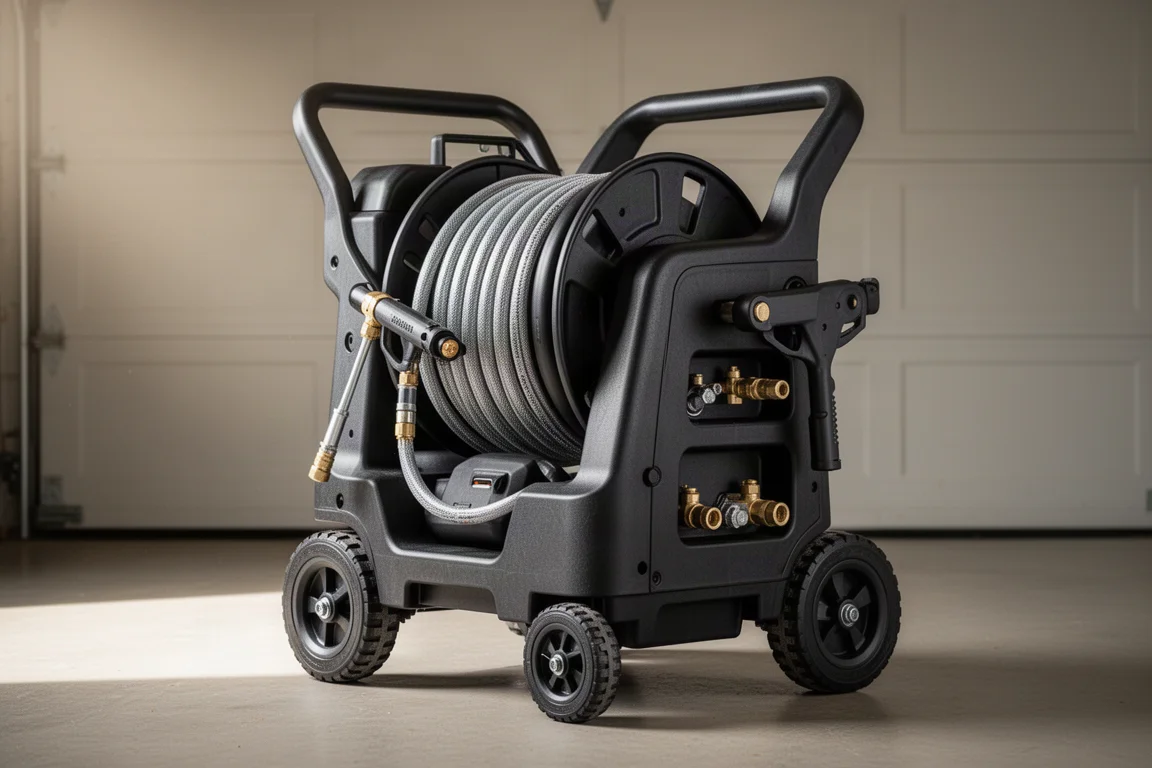 Pressure washer trolley with hose neatly wound on its swinging reel