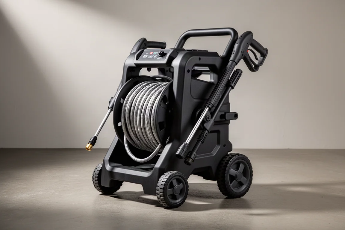 AVA Master P80 pressure washer on its trolley with hose wound on the reel