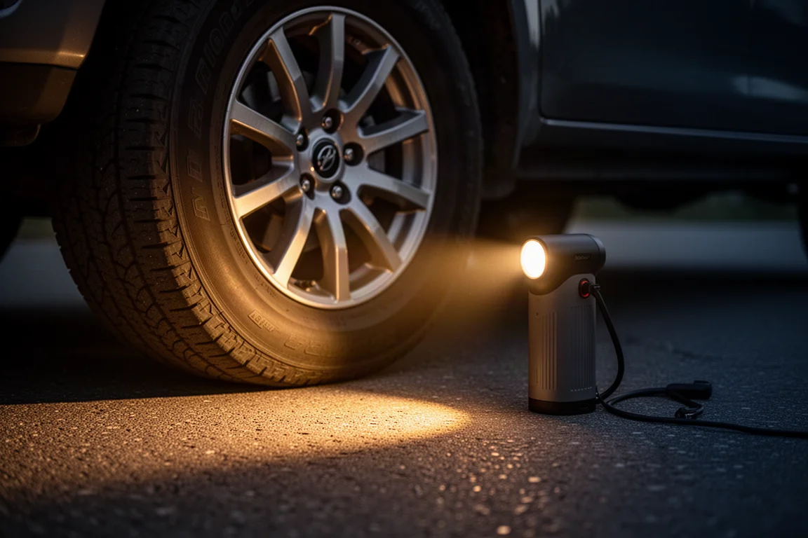 Haz de luz de linterna de un hinchador iluminando un neumático y una llanta oscura de noche
