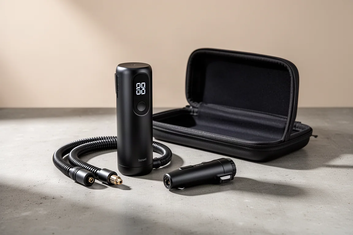 Compact portable tire inflator with detachable hose and carry case on concrete surface