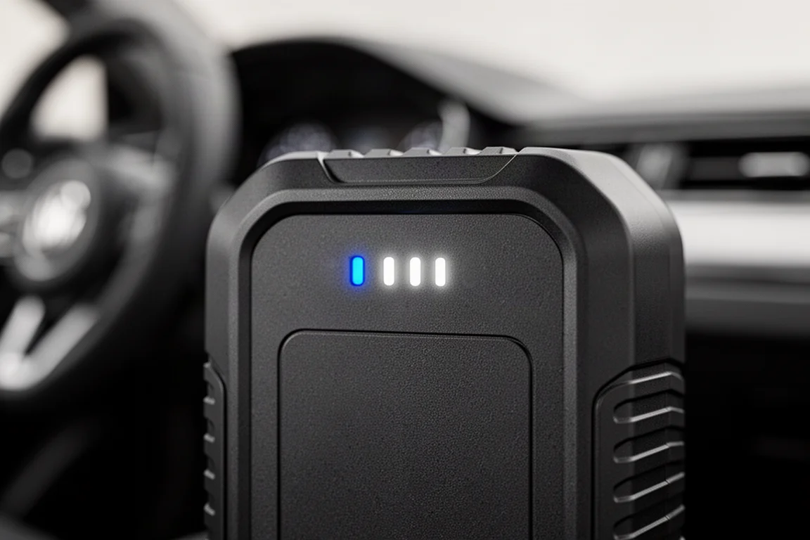 Primissimo piano delle spie luminose del jump starter che brillano in blu in un ambiente interno in penombra