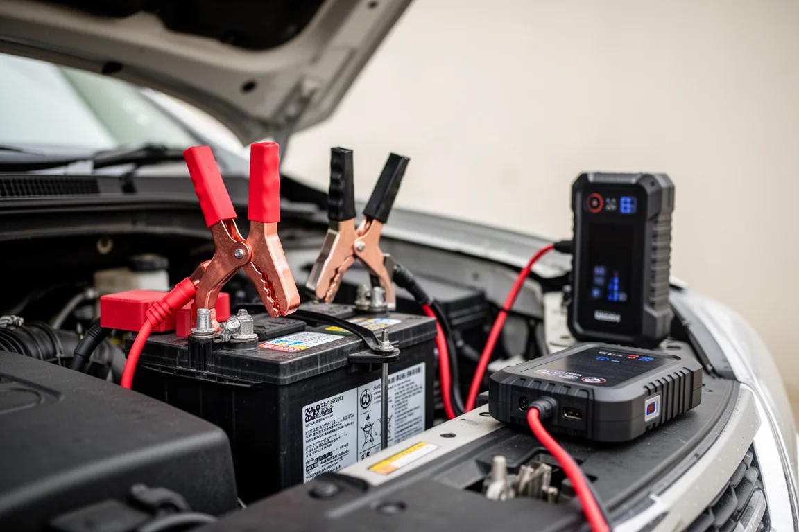 Morsetti di avviamento collegati ai poli di una batteria auto con il cofano aperto