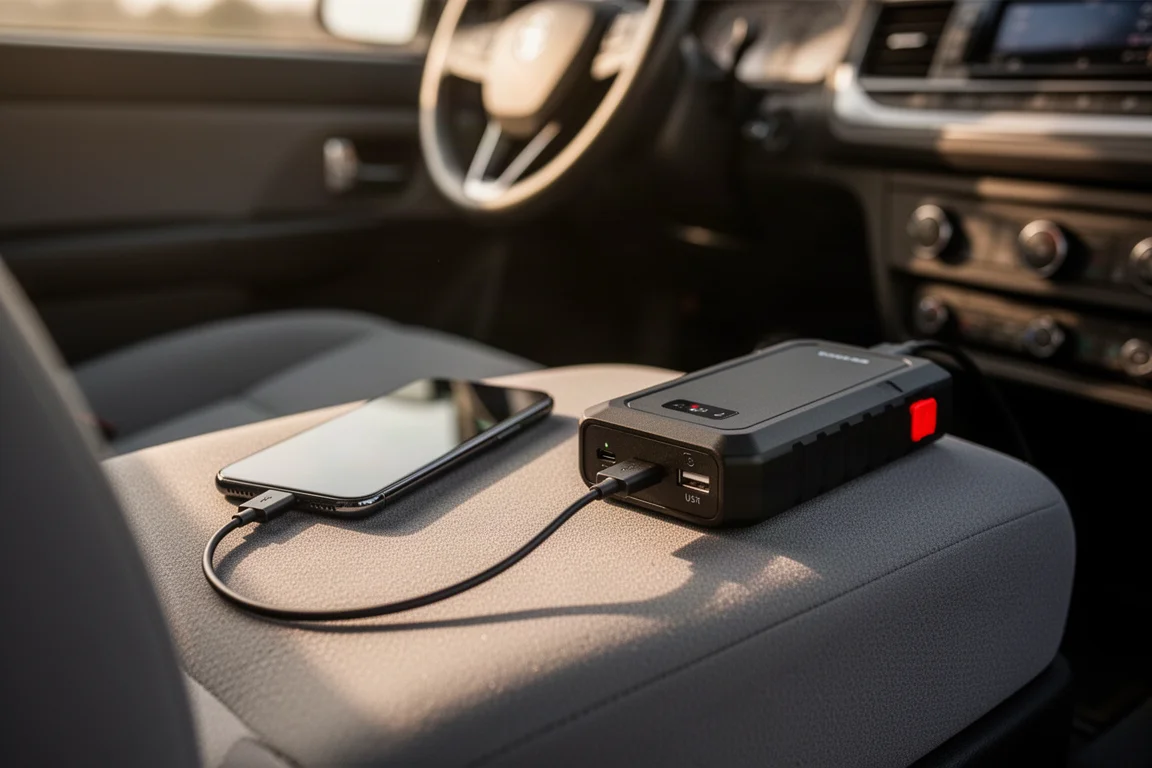 Telefono in ricarica dalla porta USB del jump starter sul cruscotto di un'auto