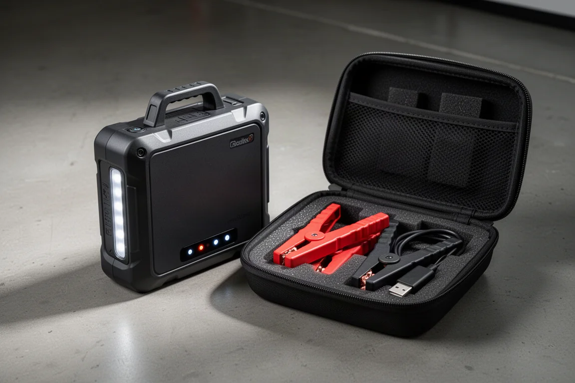 Ava Power A68 jump starter beside its open carrying case with clamps and cables