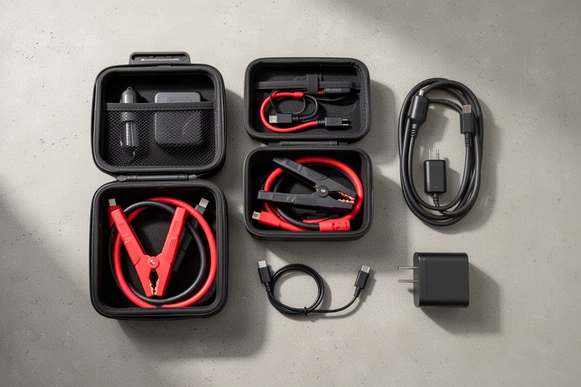 Jump starter case contents laid out including cables, charger and adapter