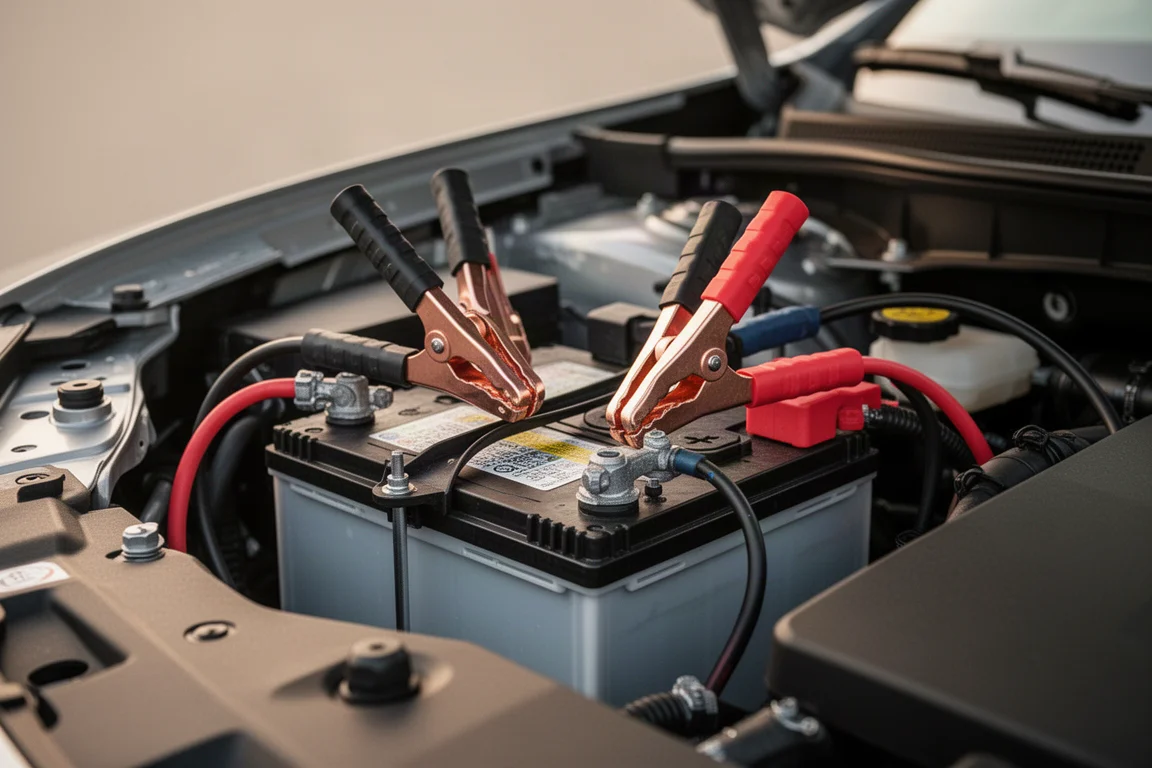 Jumper clamps connected to a car battery terminals in an engine bay