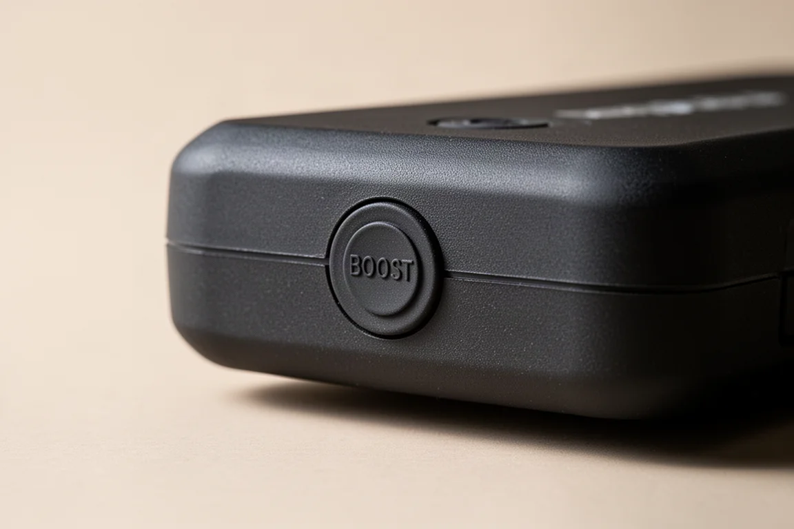 Close-up of a compact force-start boost button on a jump starter housing