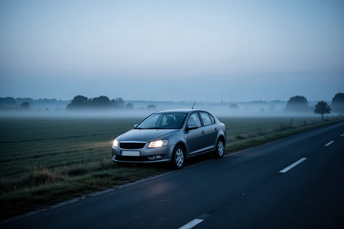 Car parked on a quiet roadside at dusk with interior lights off