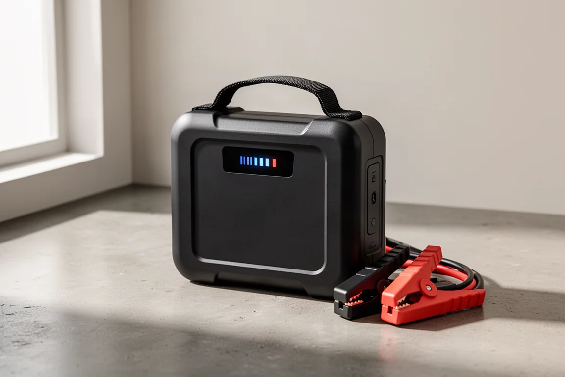 AVAPOW 6000A jump starter with cables on a concrete surface