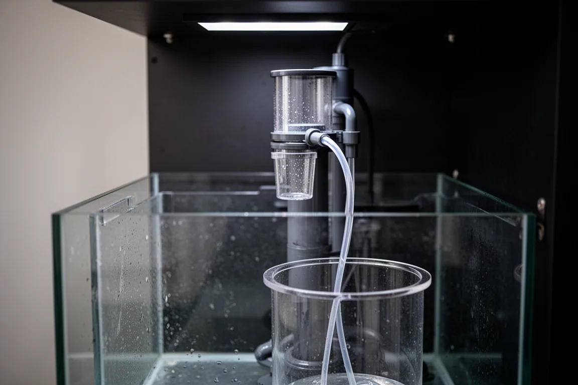 Proteinabschäumer mit klaren Schläuchen, die in ein externes Acrylgefäß im Aquarienfilterbecken ablaufen