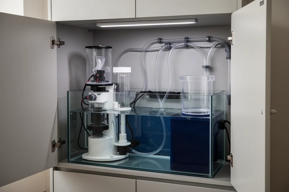 Ordentlich organisiertes Aquarienfilter-Schrankfach mit Filtertechnik und sanfter Beleuchtung
