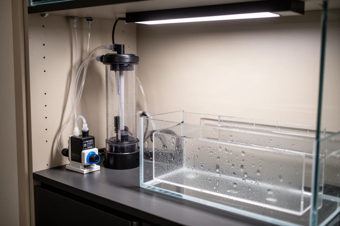 Reef tank sump cabinet with a compact reactor and dosing pump connected by clear tubing