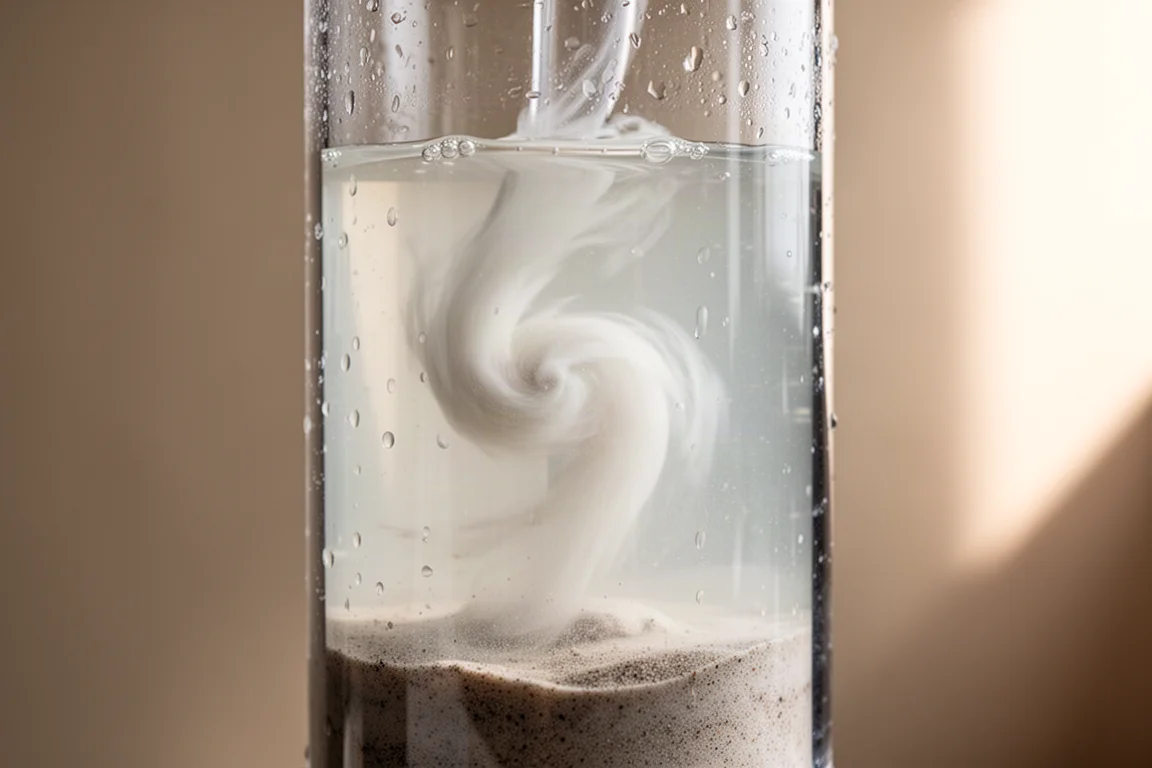 Clear cylindrical reactor filled with milky white kalkwasser solution swirling slowly