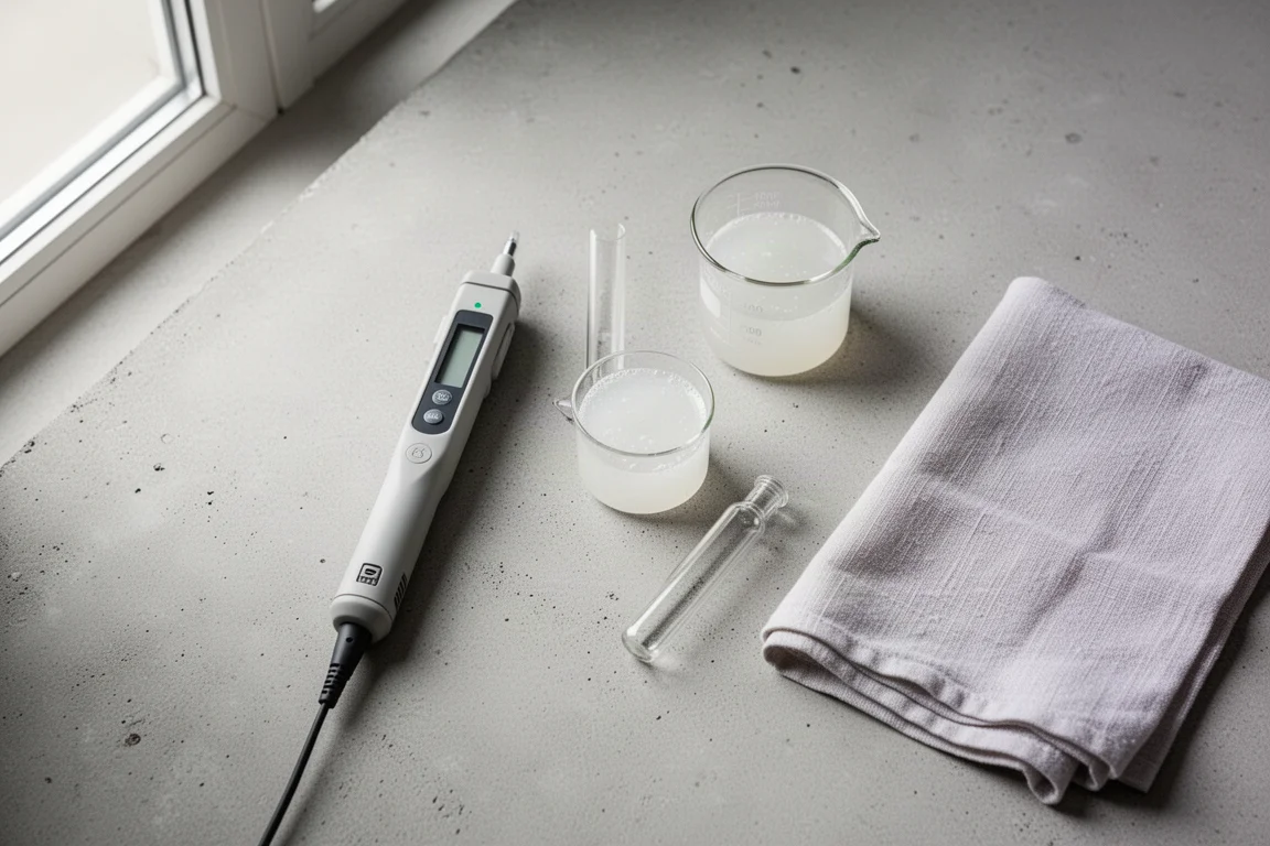 Flat-lay of a conductivity pen, beaker of cloudy liquid and glass test vial on concrete