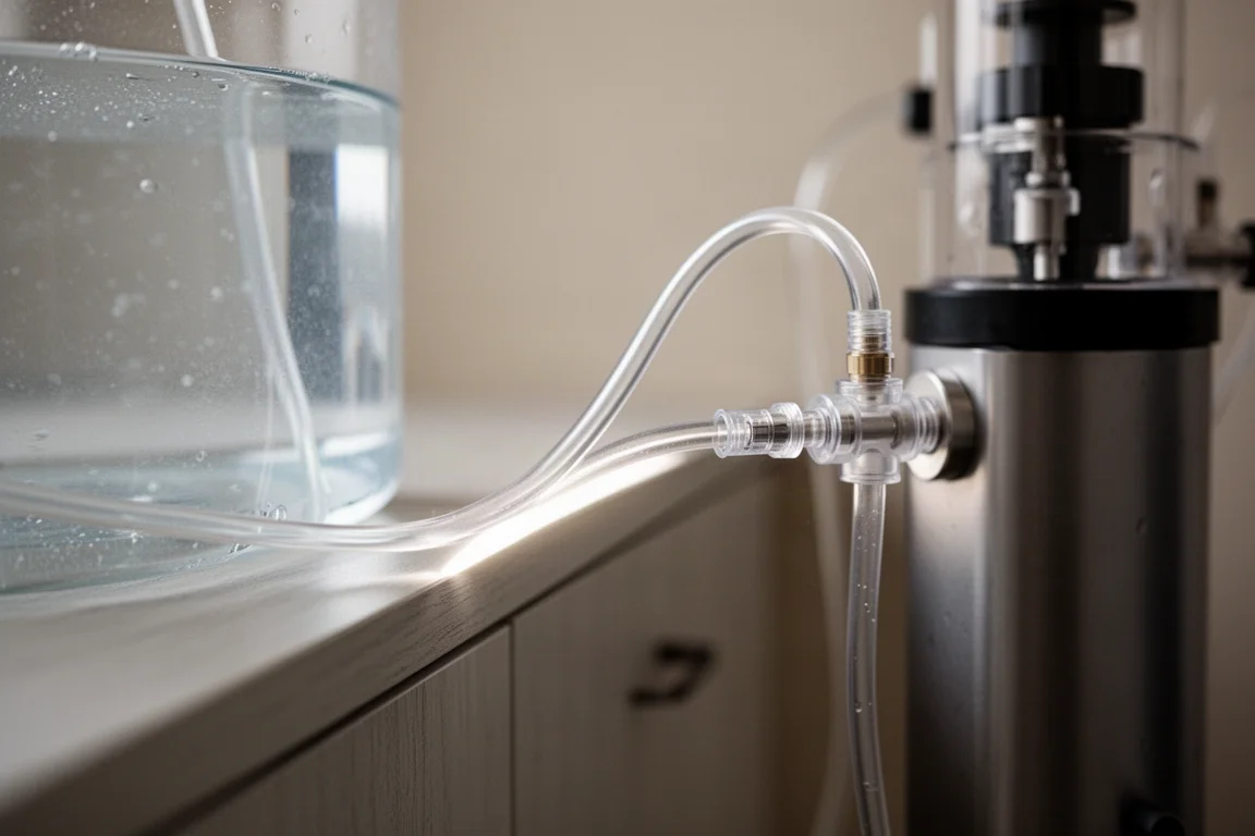 Clear dosing tubing running along a cabinet wall toward a compact reactor inlet