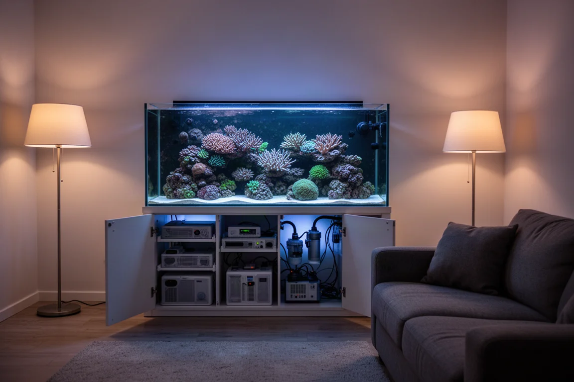 Zacht gloeiend rifaquarium in een schemerige woonkamer bij avondlicht, gezien vanaf de andere kant van de kamer