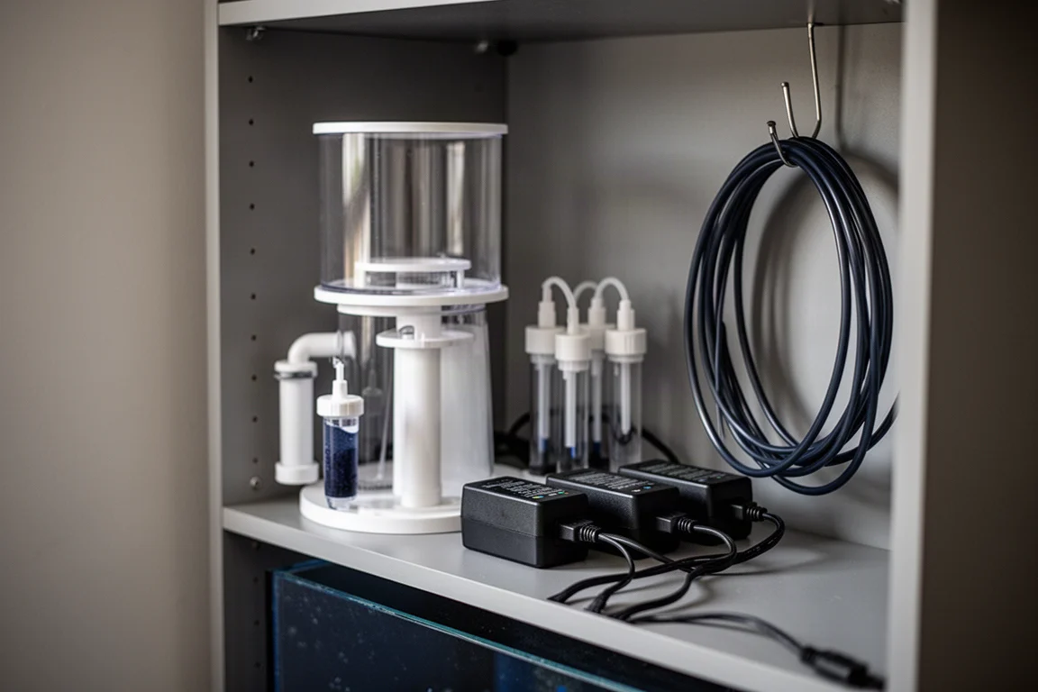 Binnenkant van een aquariumtechniekkast met een eiwitafschuimer, doseercontainers en nette bedrading