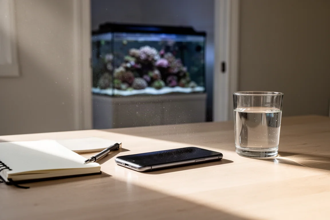 Smartphone die met het scherm naar beneden op een houten bureau ligt, met notitieboek en licht van het raam