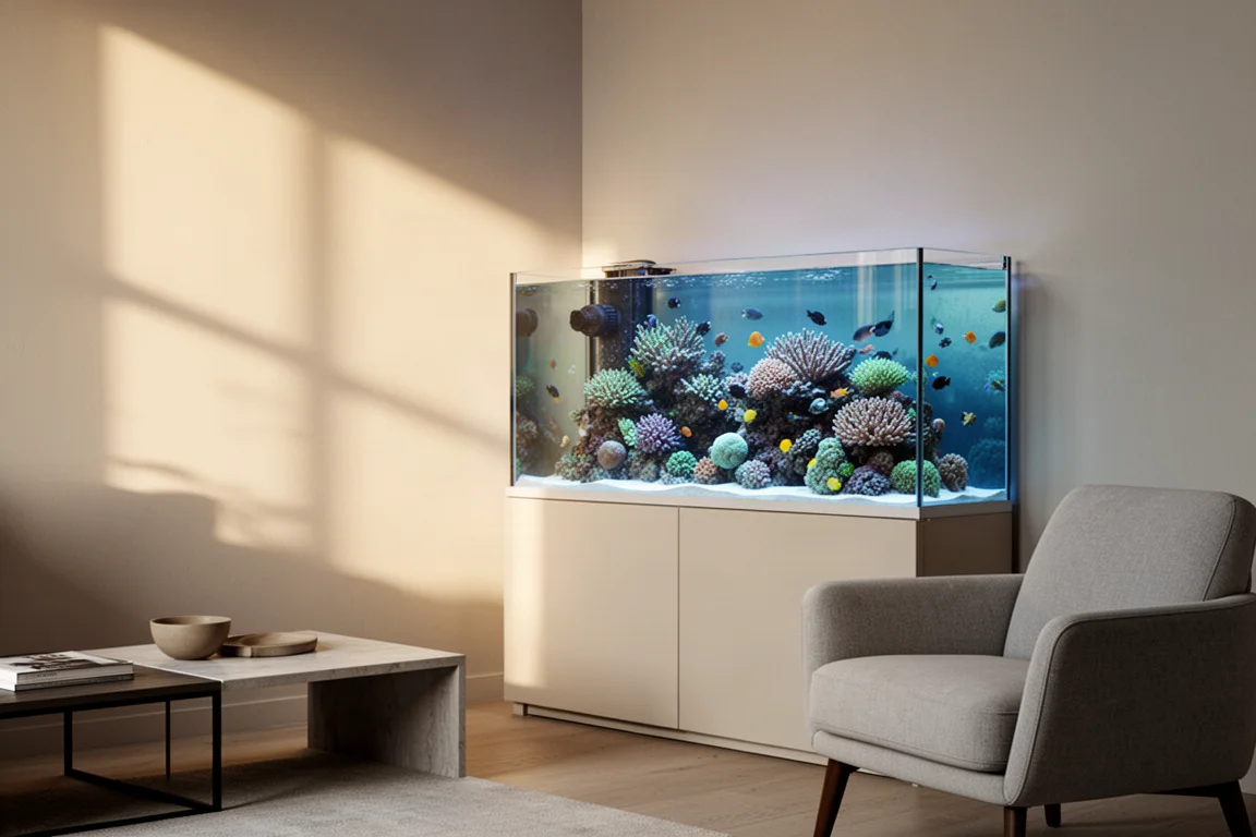 Volwassen rifaquarium in de hoek van een moderne woonkamer in middaglicht