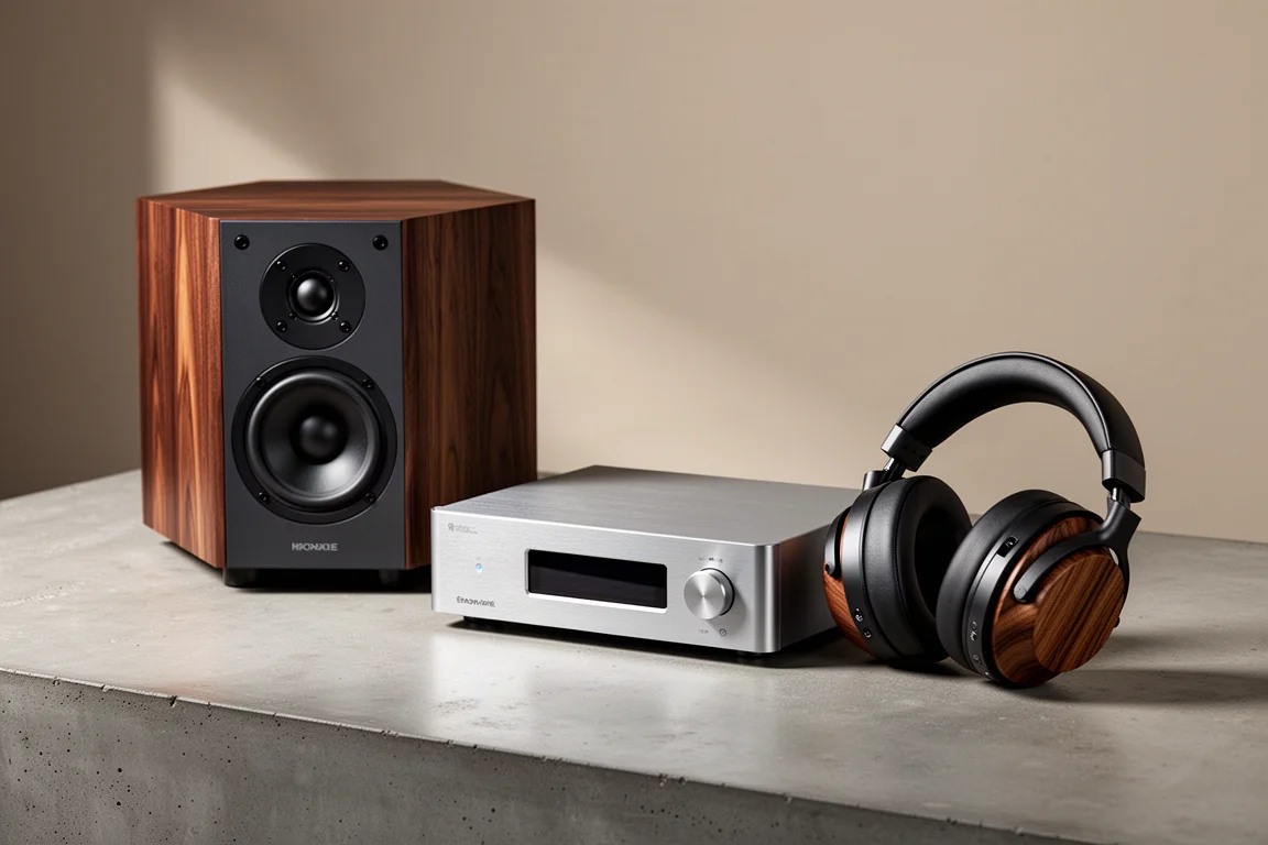 Hi-fi components including a stand-mount speaker, streaming amplifier and headphones on concrete