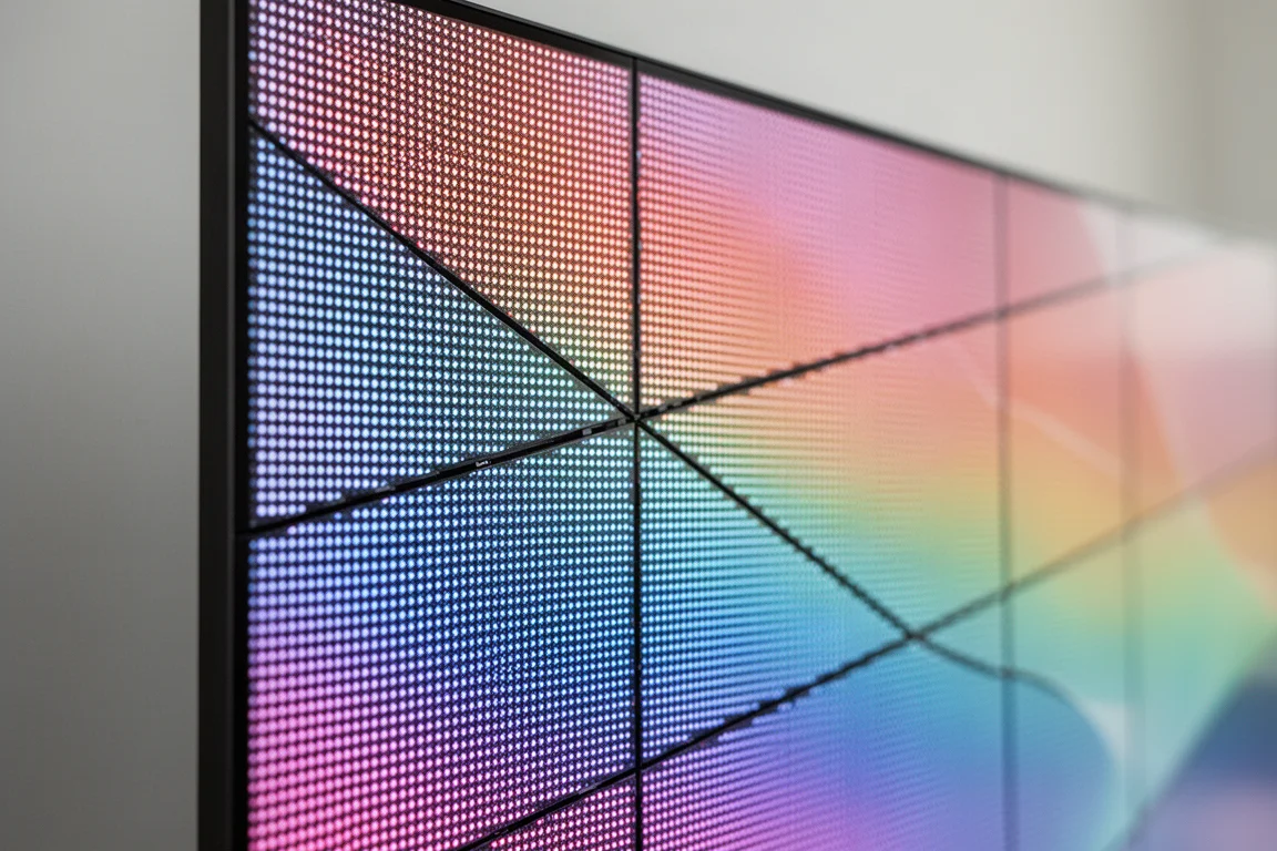 MicroLED 電視螢幕特寫,顯示模組化面板接縫與 LED 像素