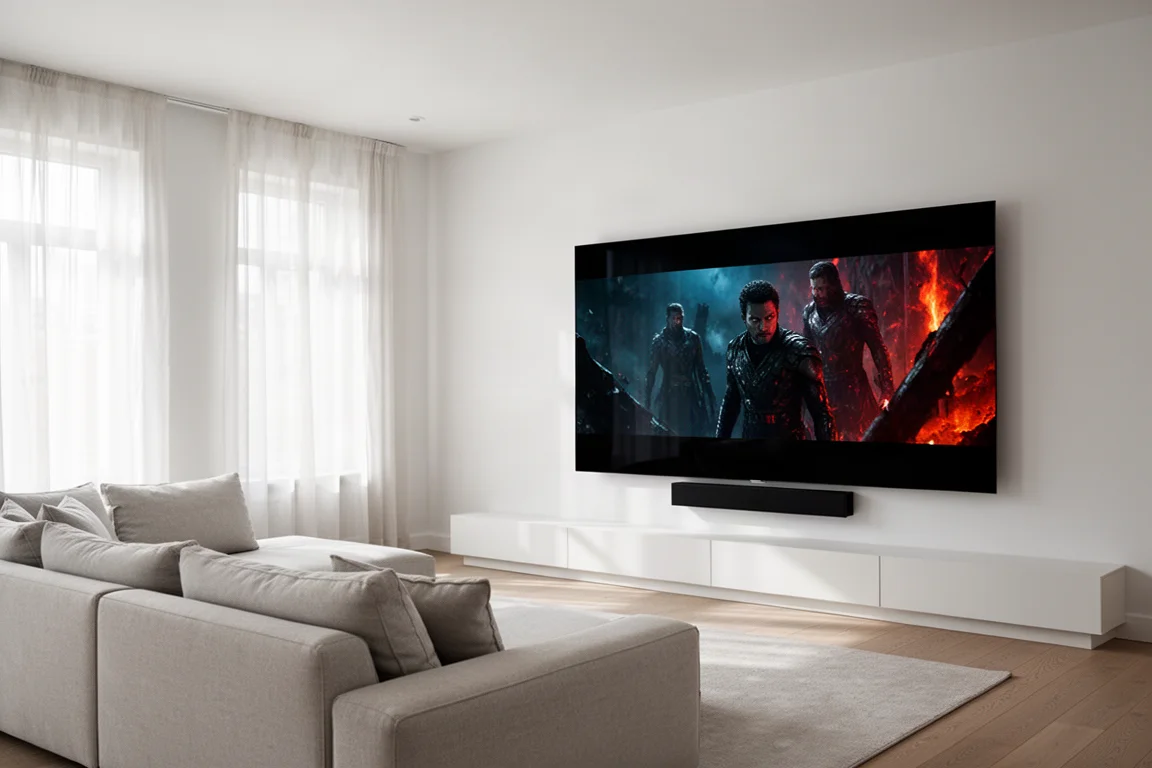 家庭劇院房間內,大型 MicroLED 電視正在播放電影場景