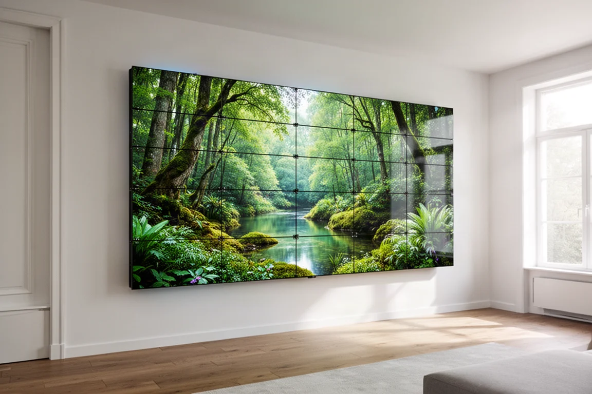 明亮的客廳中，牆上掛著一台巨大的 157吋 MicroLED 電視