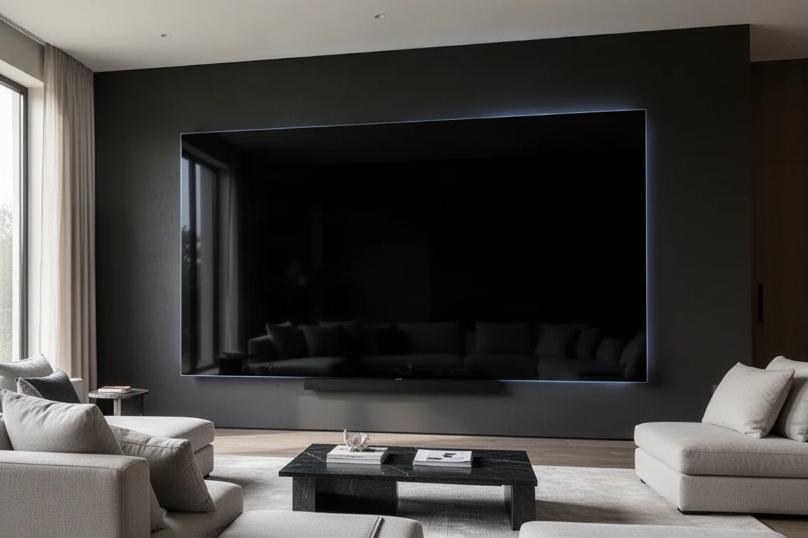 Bright living room with a large MicroLED TV and motorized blinds overlooking a lake