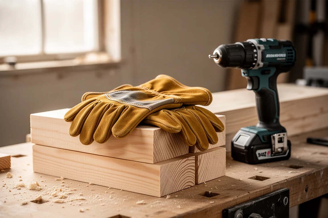 Universal-Arbeitshandschuhe auf sauberem Bauholz und Elektrowerkzeugen