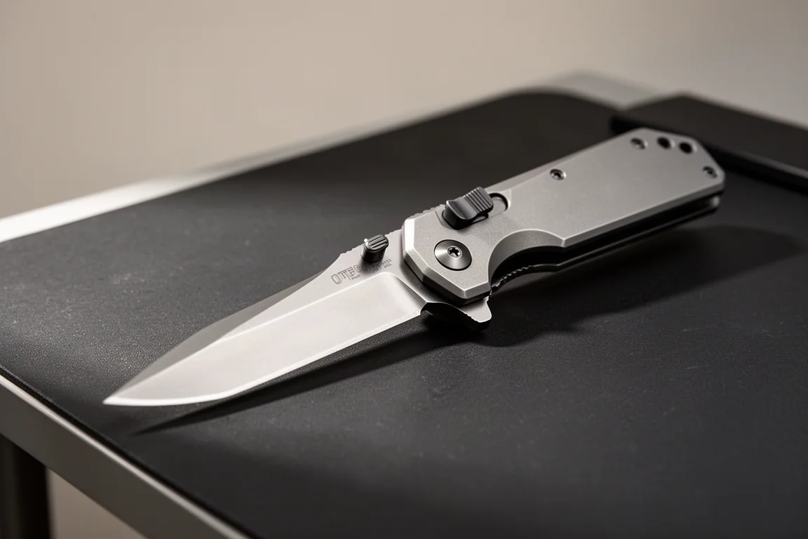 Hoja de cuchillo OTF extendida sobre un escritorio oscuro con iluminación direccional suave