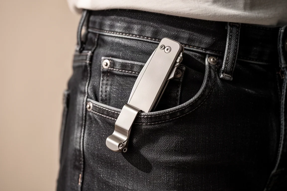 Mano introduciendo un cuchillo rectangular delgado en el bolsillo de un pantalón vaquero