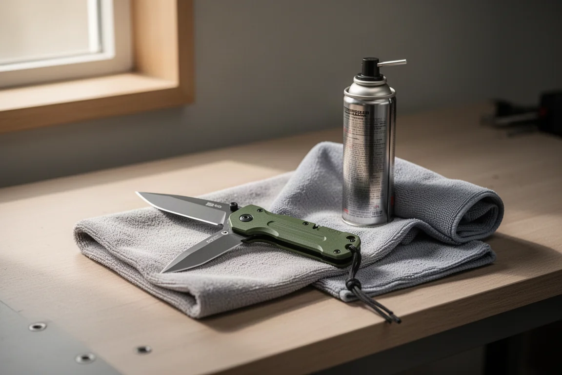 Escena de mesa de trabajo con una lata de aire comprimido y un paño de limpieza junto a un cuchillo
