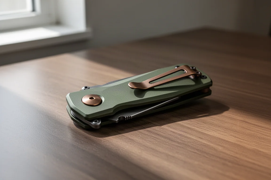 Closed OD green OTF knife with bronze button on a brushed wood desk