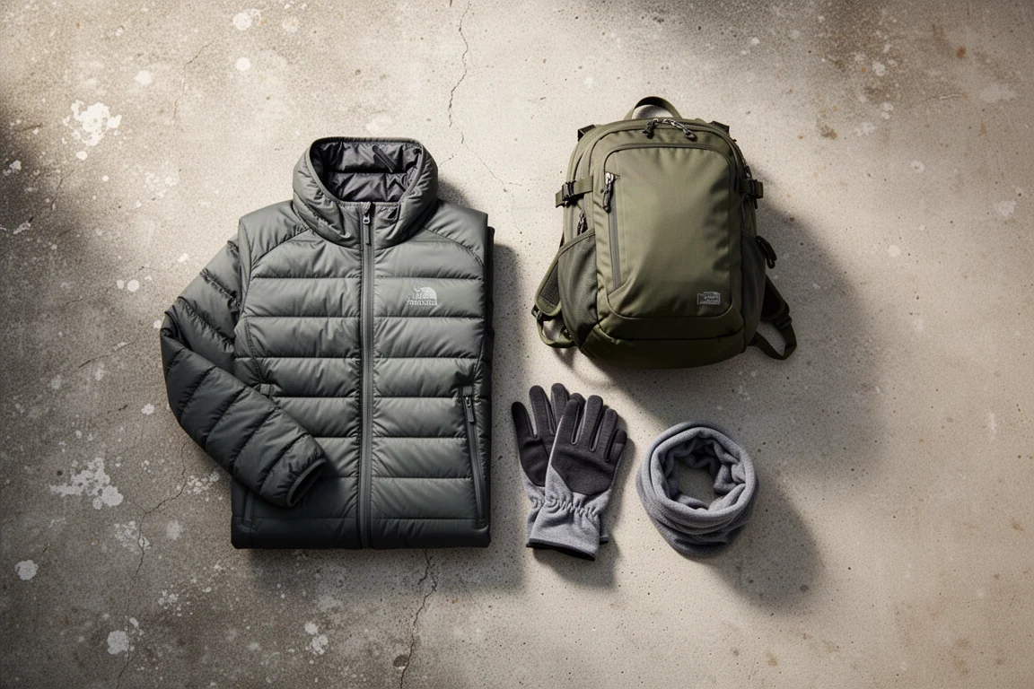 Vista cenital de una chaqueta aislante doblada, mochila, guantes y braga de cuello sobre hormigón