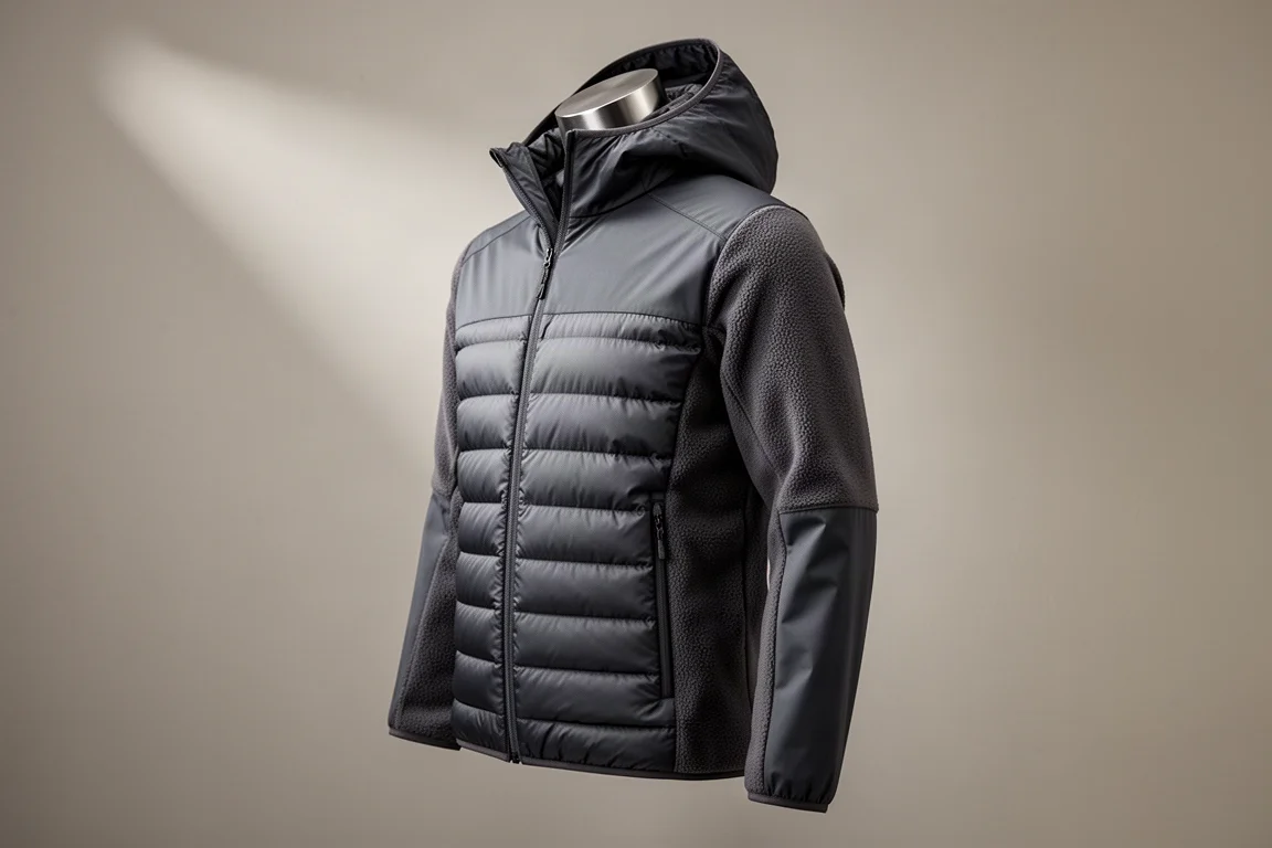 Lightweight technical down jacket with quilted core and fleece panels on grey backdrop