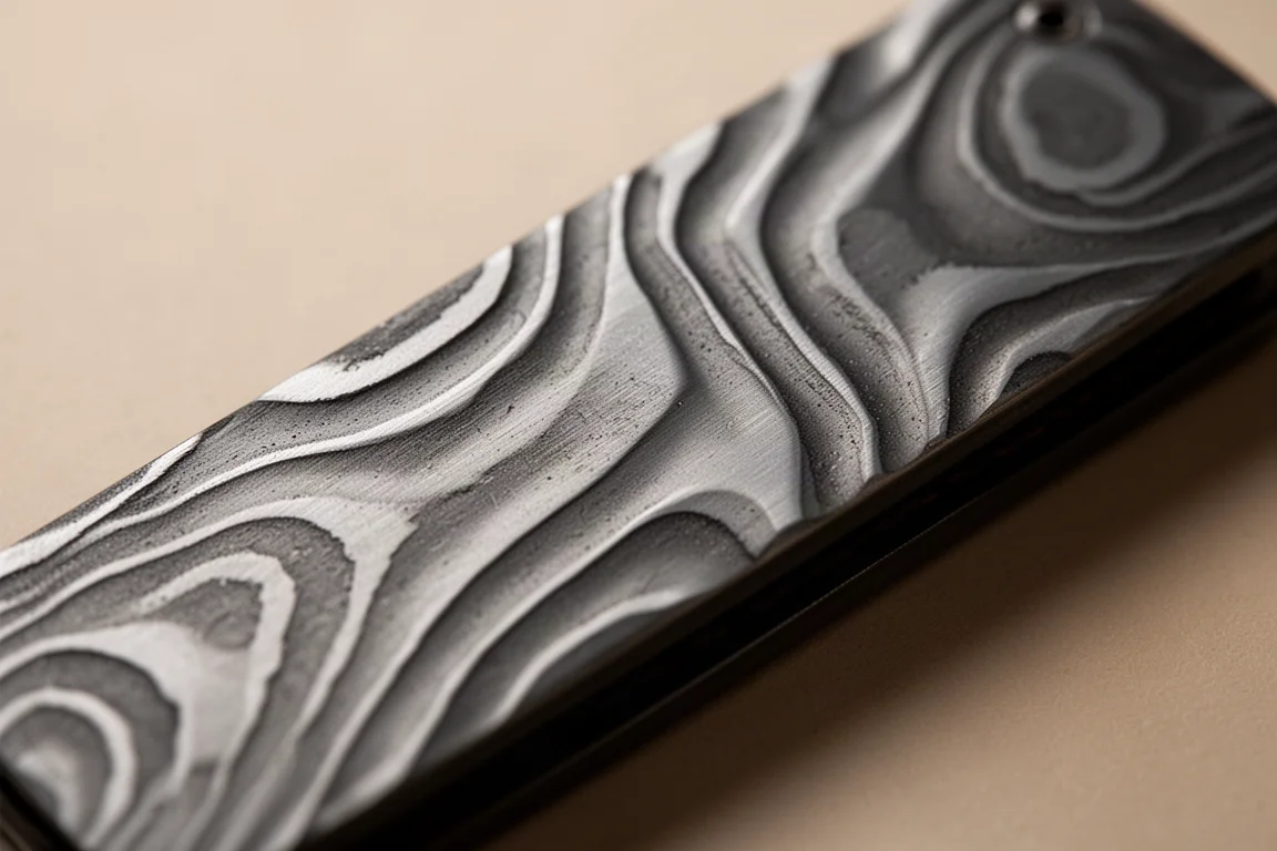 Närbild på den ripplade metalltextur i Damascusstil på en plånboks coverplate