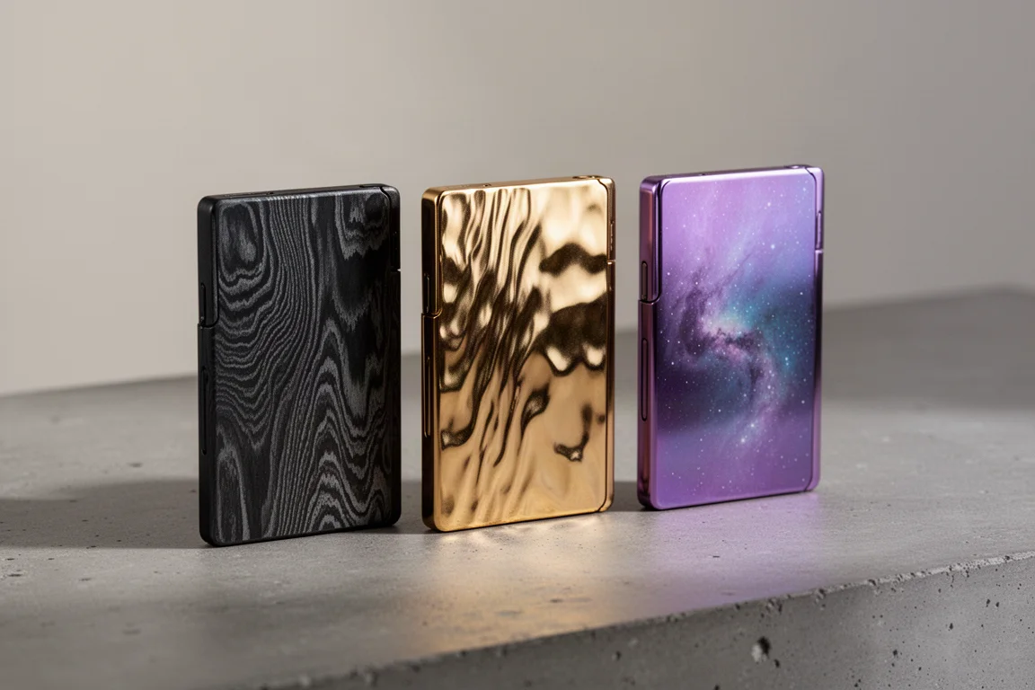 Tre portafogli Axwell con finiture Damascus nera, dorata e iridescente su una superficie di cemento
