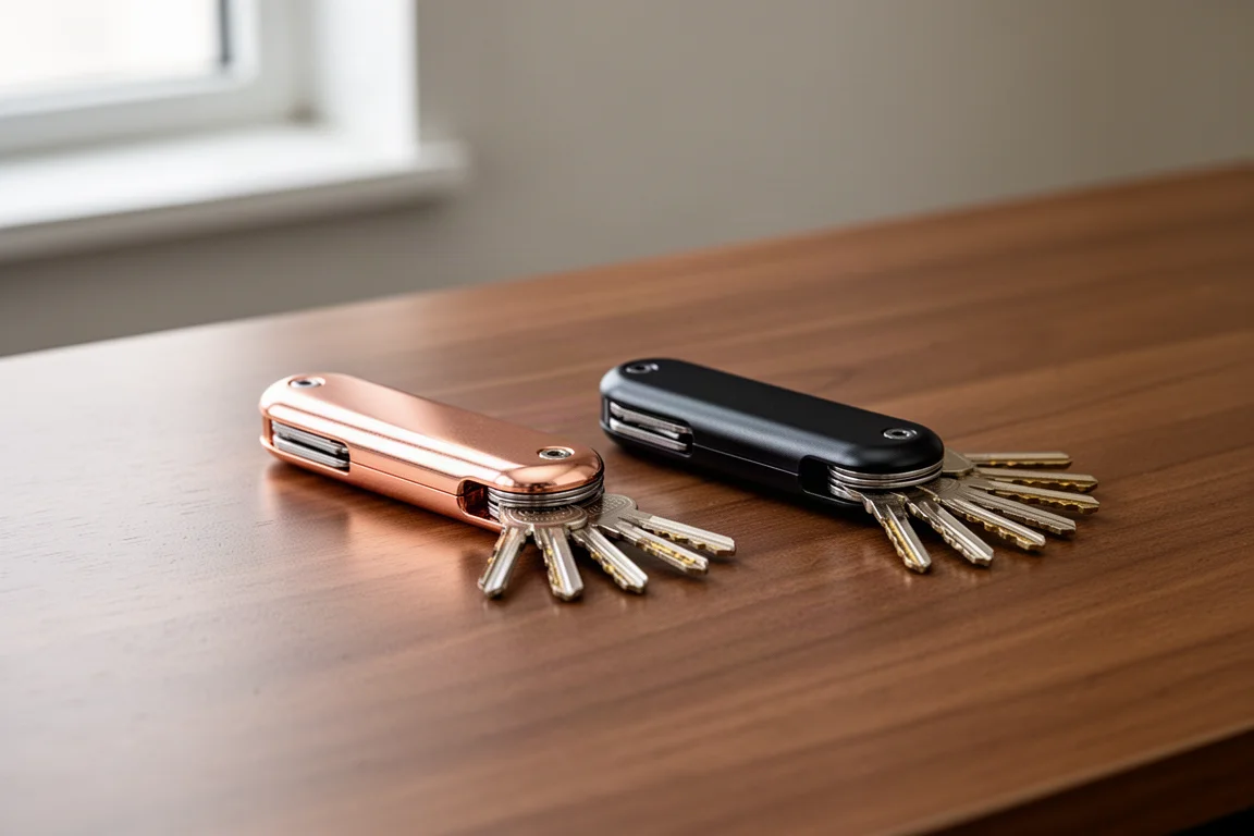 Key organizers van koper en zwart aluminium naast elkaar op een houten bureau