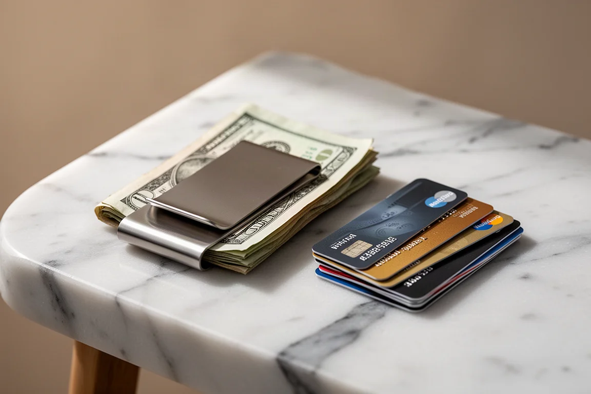 Money clip met gevouwen briefgeld en enkele creditcards op een neutrale ondergrond