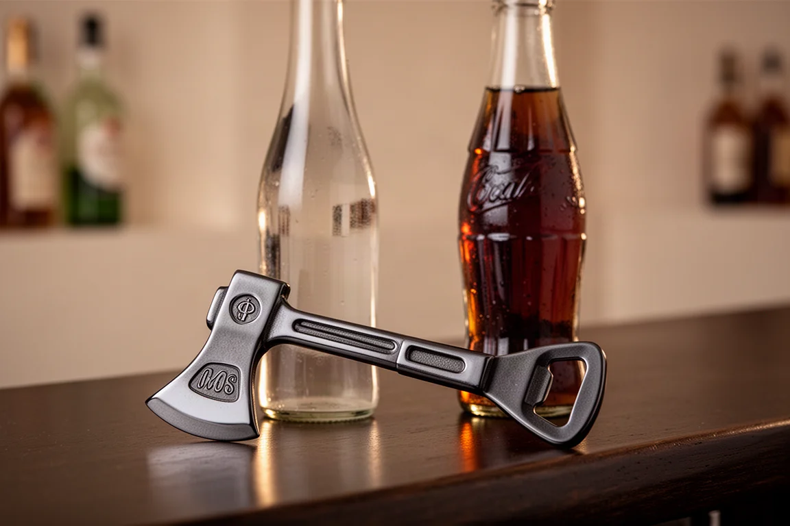 Flesopener in de vorm van een strijdbijl die naast een glazen fles op een bardorpel ligt