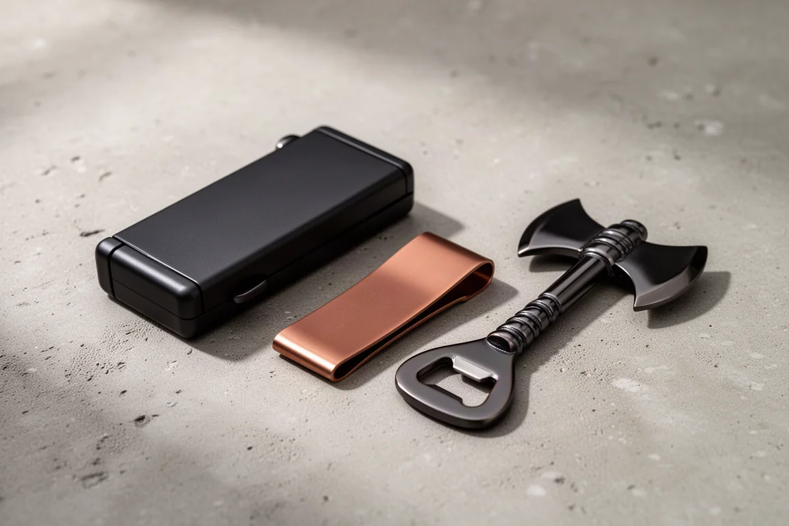 Portachiavi organizzatore Axwell, portabanconote tracker e apribottiglie battle ax su cemento