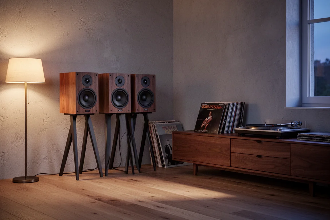 Sala de escucha nocturna con altavoces de estantería colocados cerca de una pared de yeso