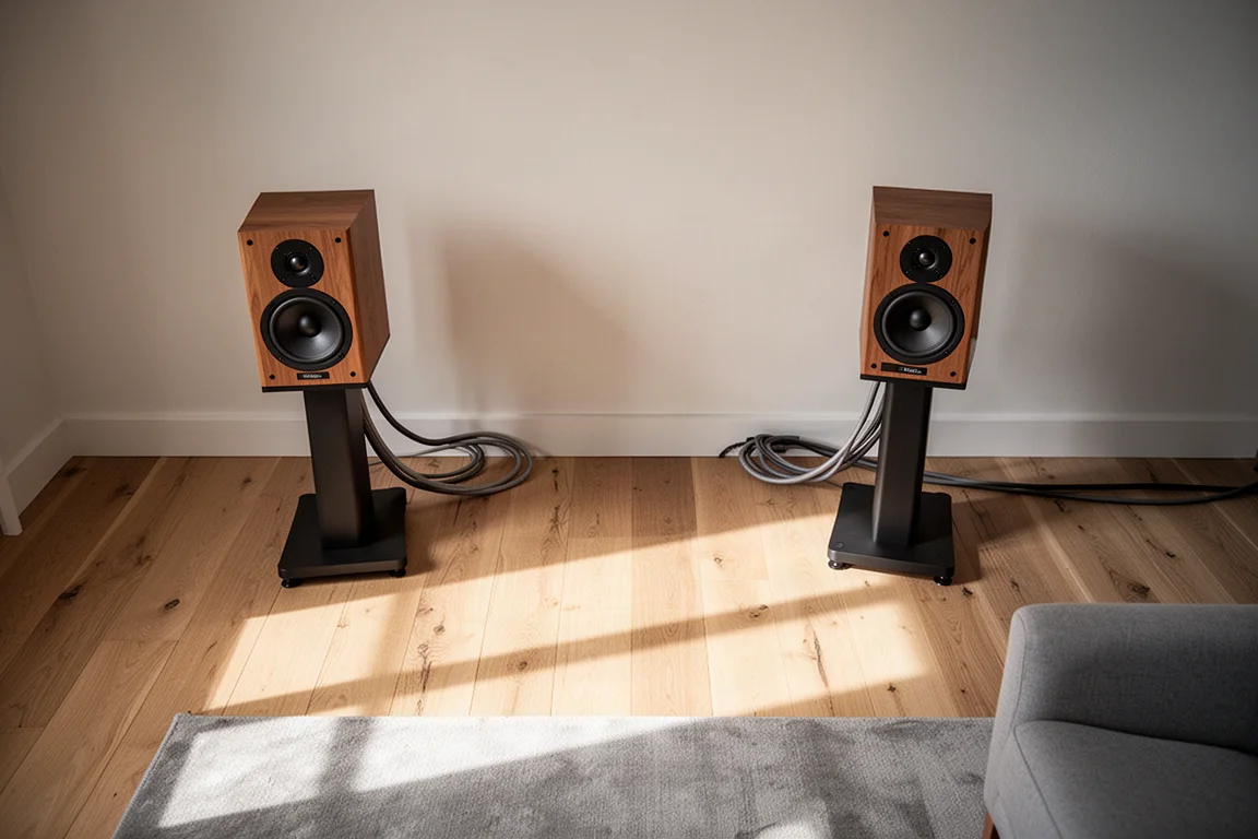 Vista superior de altavoces de estantería situados cerca de una pared sobre un suelo de madera