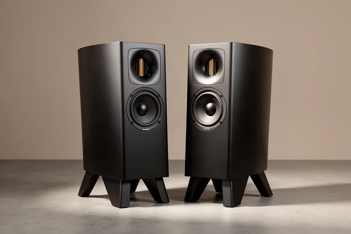 Axxess L1 stand-mount speakers in satin black on angled stands against a grey backdrop