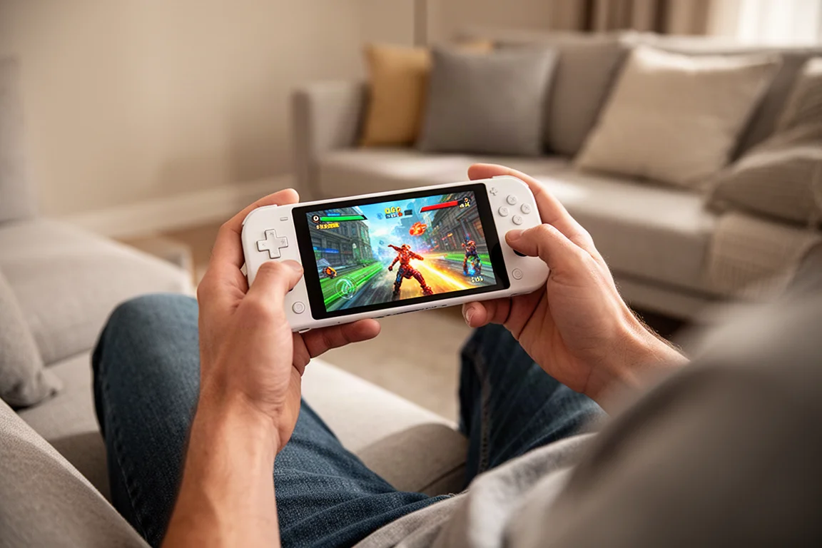 ソファでゲームをプレイしながら白いハンドヘルドゲーム機を手に持っている様子