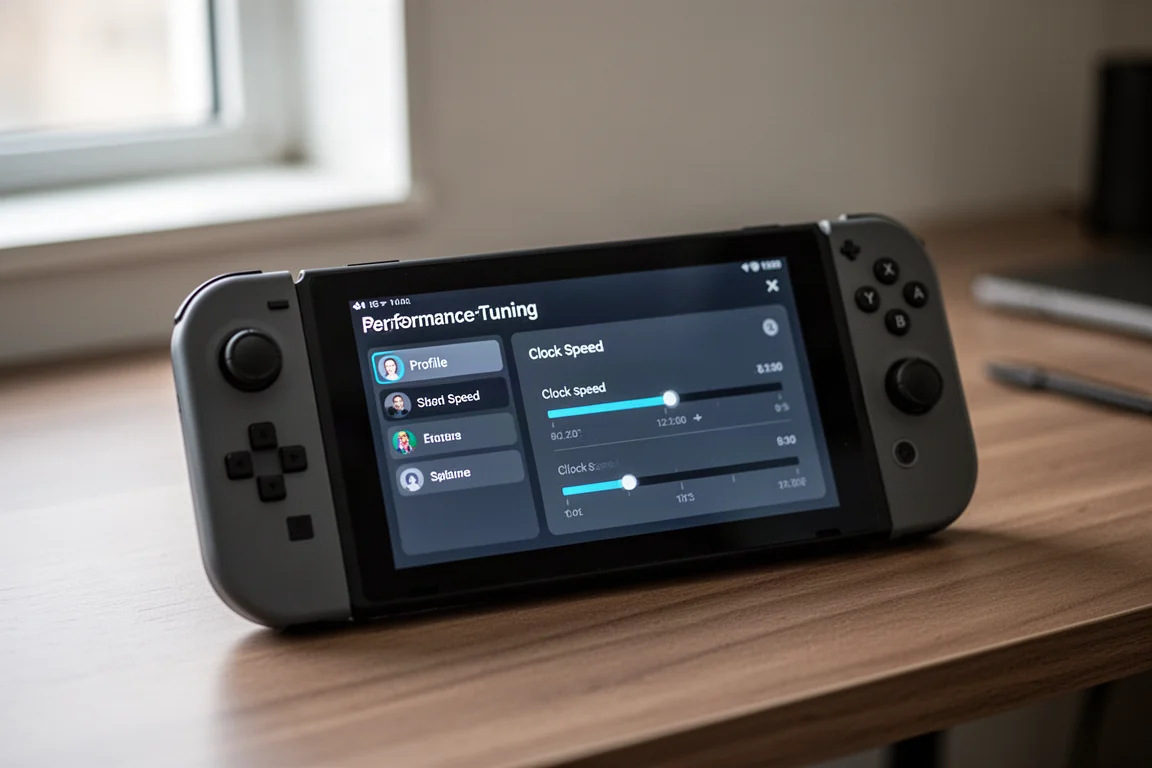 パフォーマンスチューニングアプリのインターフェースを表示しているハンドヘルドデバイスのクローズアップ