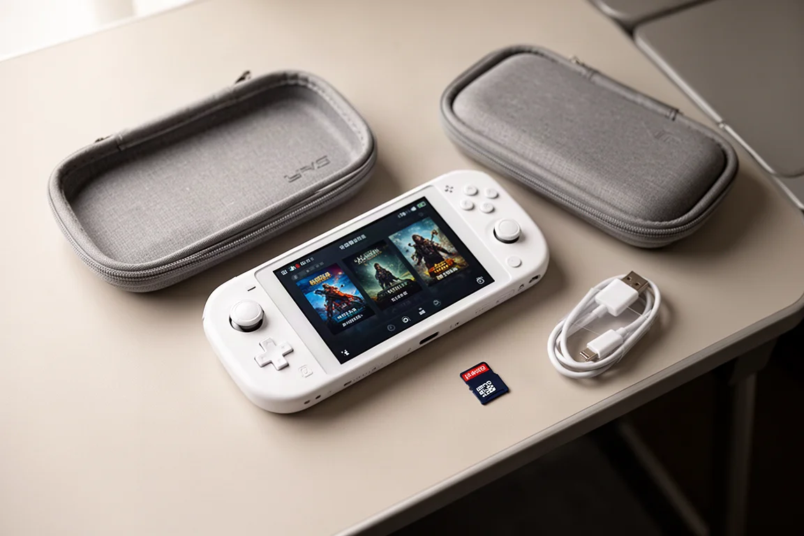 旅行用デスクの上にアクセサリーと一緒に置かれた白いハンドヘルドゲーム機の俯瞰図